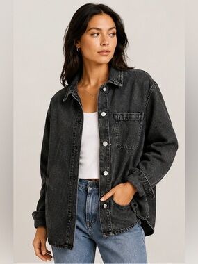 Molino Black Denim Oversized Shacket Shirt Jacket 100% Cotton Size S